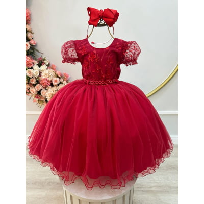 Vestido Infantil Vermelho Escuro Com Renda Daminhas Festas