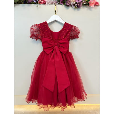 Vestido Infantil Vermelho Escuro Com Renda Daminhas Festas