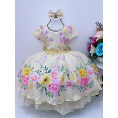 Vestido Infantil Amarelo Jardim das Borboletas Pérolas Laço