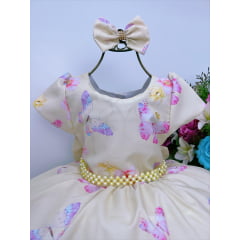 Vestido Infantil Amarelo Jardim das Borboletas Pérolas Laço
