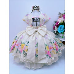 Vestido Infantil Amarelo Jardim das Borboletas Pérolas Laço