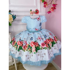 Vestido Infantil Azul Bebê Jardim das Borboletas C/ Laço