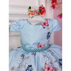 Vestido Infantil Azul Bebê Jardim das Borboletas C/ Laço