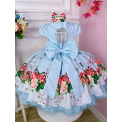 Vestido Infantil Azul Bebê Jardim das Borboletas C/ Laço