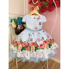 Vestido Infantil Azul Bebê Jardim das Borboletas C/ Laço