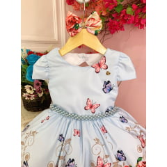 Vestido Infantil Azul Bebê Jardim das Borboletas C/ Laço