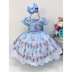 Vestido Infantil Azul Cantinho do Pássaro Laço Cinto Pérolas