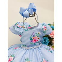 Vestido Infantil Azul Cantinho do Pássaro Laço Cinto Pérolas