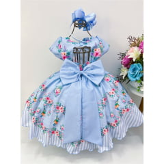 Vestido Infantil Azul Cantinho do Pássaro Laço Cinto Pérolas