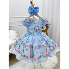 Vestido Infantil Azul Cantinho do Pássaro Laço Cinto Pérolas