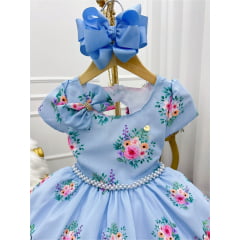 Vestido Infantil Azul Cantinho do Pássaro Laço Cinto Pérolas