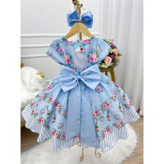 Vestido Infantil Azul Cantinho do Pássaro Laço Cinto Pérolas