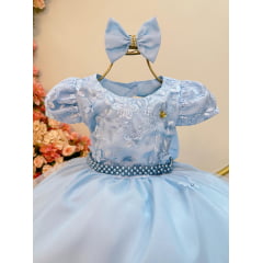 Vestido Infantil Azul Claro Busto C/ Renda Laço Daminhas