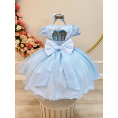 Vestido Infantil Azul Claro Busto C/ Renda Laço Daminhas