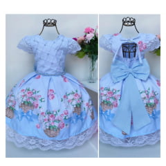 Vestido Infantil Azul Claro Luxo Pérolas Cesto de Flores