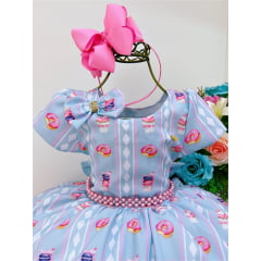 Vestido Infantil Azul Festa dos Doces C/ Laço Cinto Pérolas