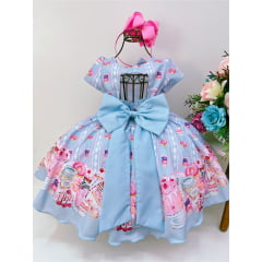 Vestido Infantil Azul Festa dos Doces C/ Laço Cinto Pérolas