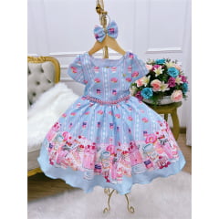 Vestido Infantil Azul Festa dos Doces C/ Laço Cinto Pérolas