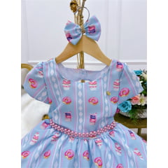 Vestido Infantil Azul Festa dos Doces C/ Laço Cinto Pérolas
