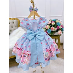 Vestido Infantil Azul Festa dos Doces C/ Laço Cinto Pérolas