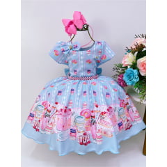 Vestido Infantil Azul Festa dos Doces C/ Laço Cinto Pérolas