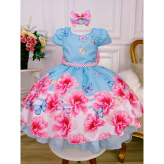 Vestido Infantil Azul Jardim das Borboletas C/ Laço Pérolas