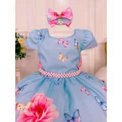 Vestido Infantil Azul Jardim das Borboletas C/ Laço Pérolas