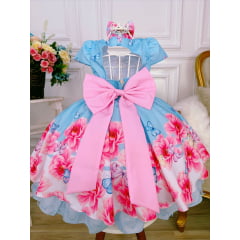 Vestido Infantil Azul Jardim das Borboletas C/ Laço Pérolas