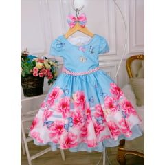 Vestido Infantil Azul Jardim das Borboletas C/ Laço Pérolas