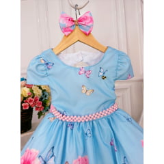 Vestido Infantil Azul Jardim das Borboletas C/ Laço Pérolas