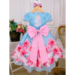 Vestido Infantil Azul Jardim das Borboletas C/ Laço Pérolas