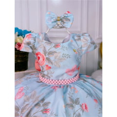 Vestido Infantil Azul Jardim das Borboletas Com Laço Pérolas