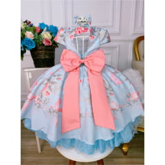 Vestido Infantil Azul Jardim das Borboletas Com Laço Pérolas