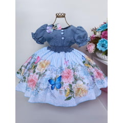 Vestido Infantil Azul Jardim das Borboletas Floral Luxo Laço