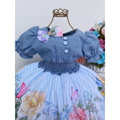 Vestido Infantil Azul Jardim das Borboletas Floral Luxo Laço