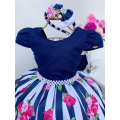 Vestido Infantil Azul Marinho Floral Cinto Pérolas com Tiara