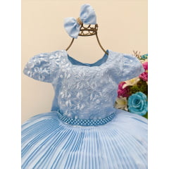 Vestido Infantil Azul Saia Plissada Renda C/ Laço e Pérolas