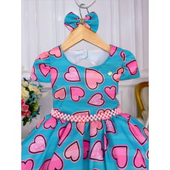 Vestido Infantil Azul Tiffany C/ Corações e Laço Pérolas