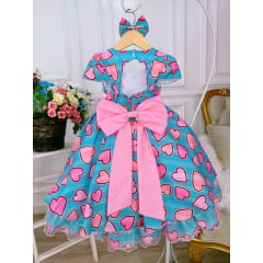 Vestido Infantil Azul Tiffany C/ Corações e Laço Pérolas