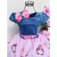 Vestido Infantil Bailarina Rosa Floral Peito Jeans e Laço