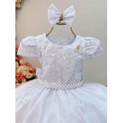 Vestido Infantil Branco Busto C/ Renda Laço Daminhas Festas