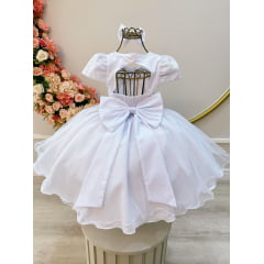 Vestido Infantil Branco Busto C/ Renda Laço Daminhas Festas