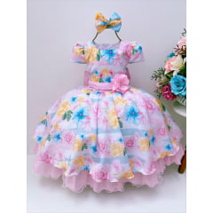 Vestido Infantil Branco e Rosa Florido C/ Laço Pérolas