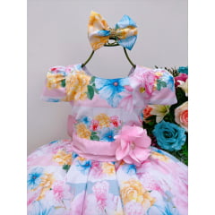 Vestido Infantil Branco e Rosa Florido C/ Laço Pérolas