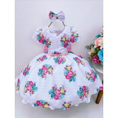 Vestido Infantil Branco Flores Coloridas Pérolas Luxo