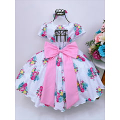 Vestido Infantil Branco Flores Coloridas Pérolas Luxo