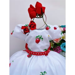 Vestido Infantil Branco Flores Vermelhas Maçãs C/Laço