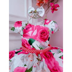 Vestido Infantil Branco Florido C/ Rosas Laço e Pérolas Luxo
