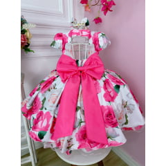 Vestido Infantil Branco Florido C/ Rosas Laço e Pérolas Luxo