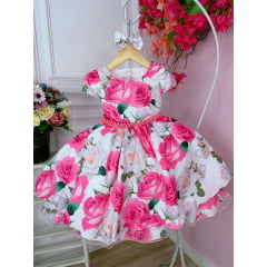 Vestido Infantil Branco Florido C/ Rosas Laço e Pérolas Luxo